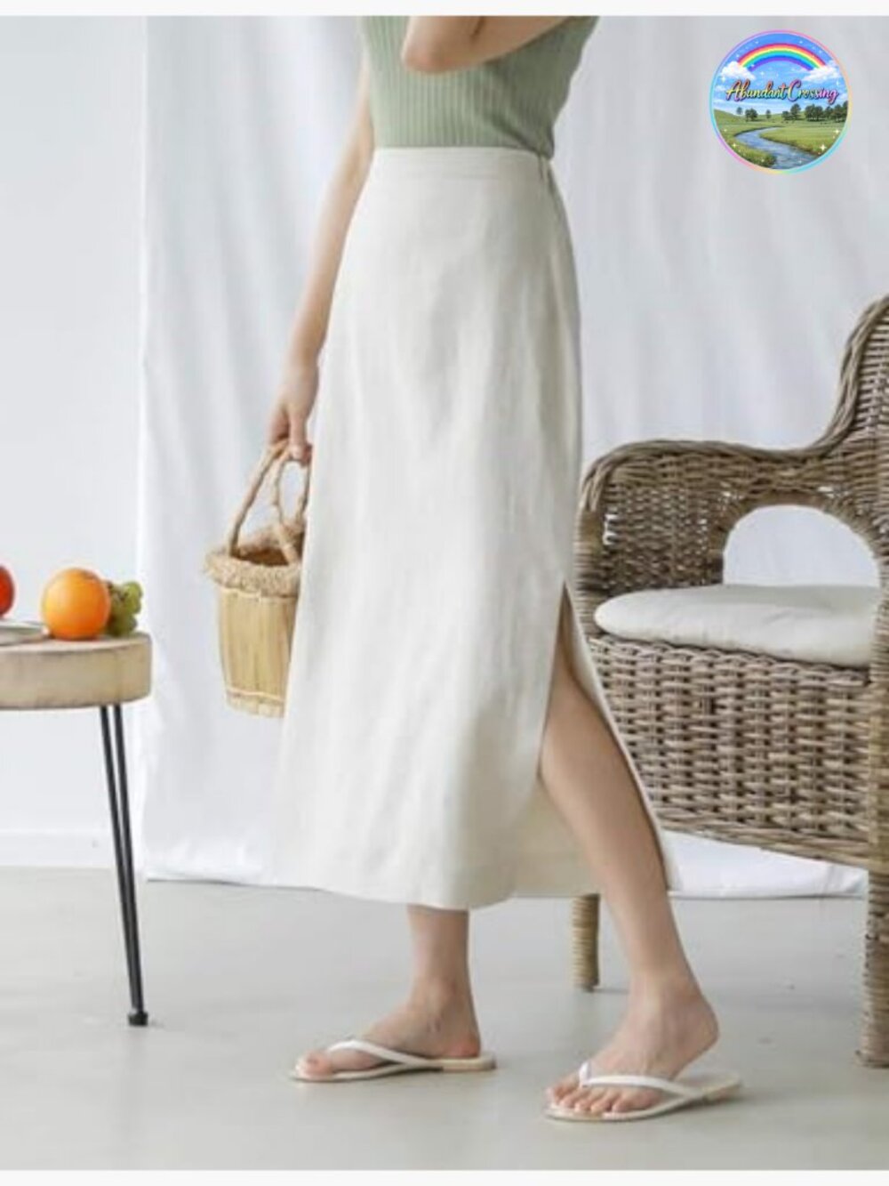 High Waisted Straight Cotton Linen Long Skirt with Slit - Picture 2 of 6